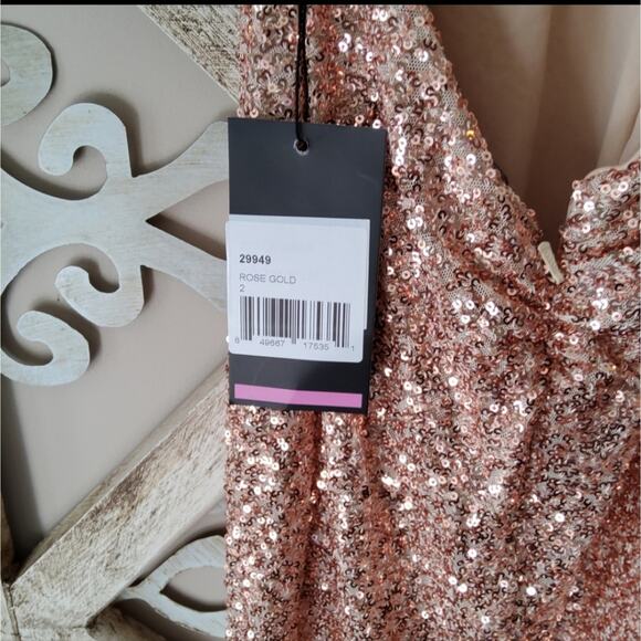 La Femme Women's Drape Neck Sequin Long Gown Low Cut Strappy Back in Rose Gold - Picture 9 of 10